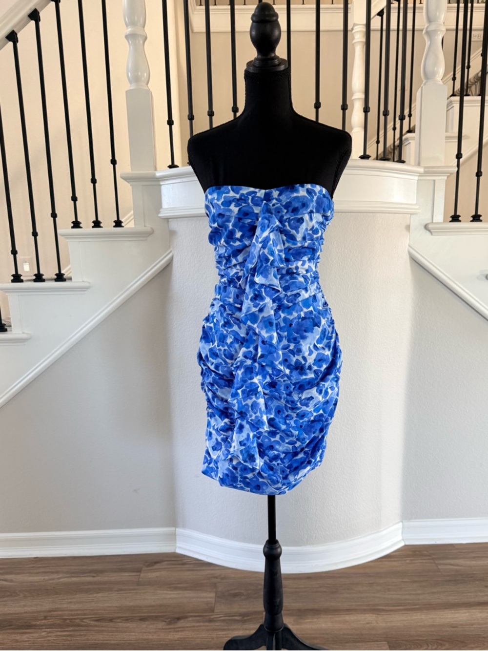 MORE TO COME Natalie Strapless Mini Dress Blue Floral Ruched Revolve NWOT L